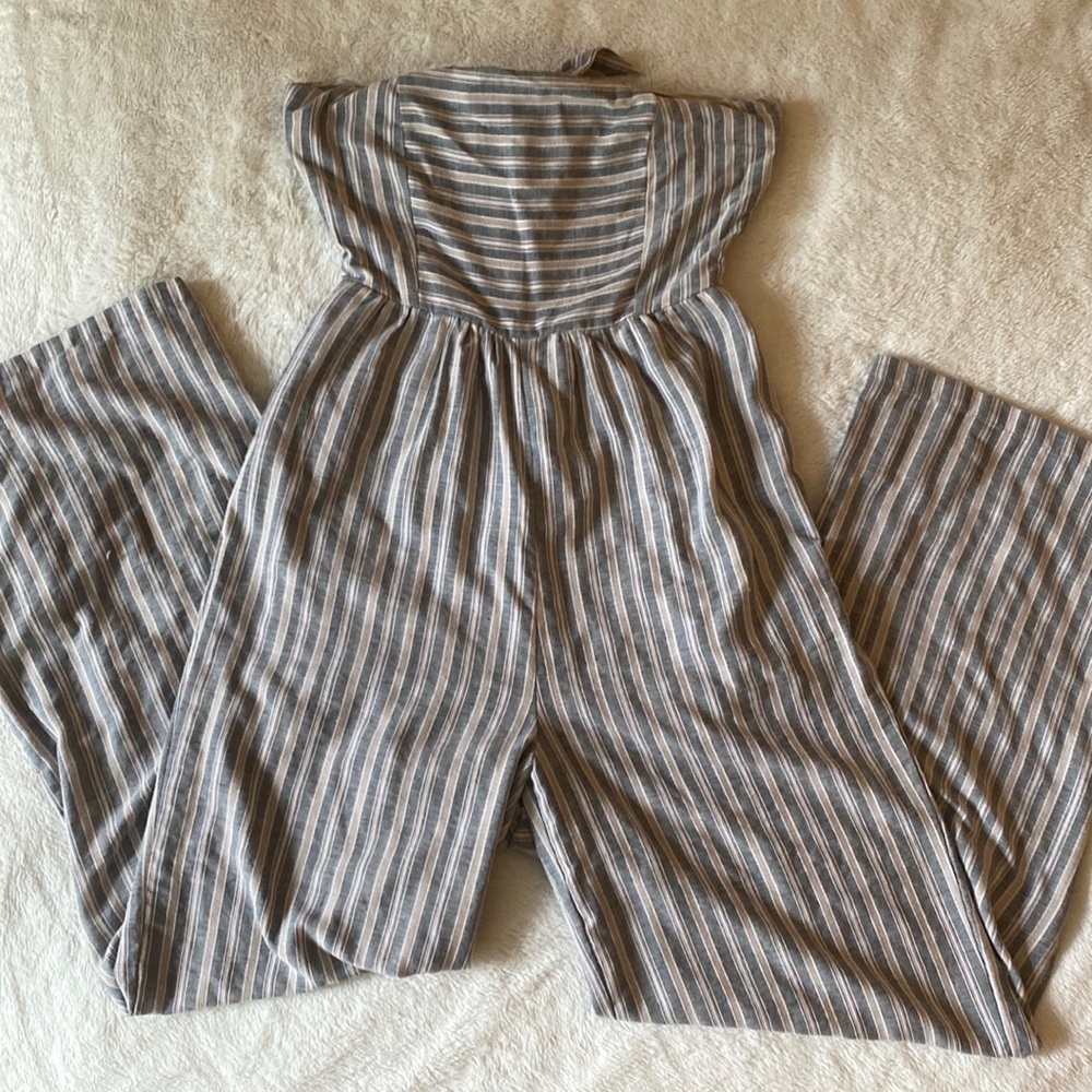 Blue/ cream striped strapless wide leg jumpsuit